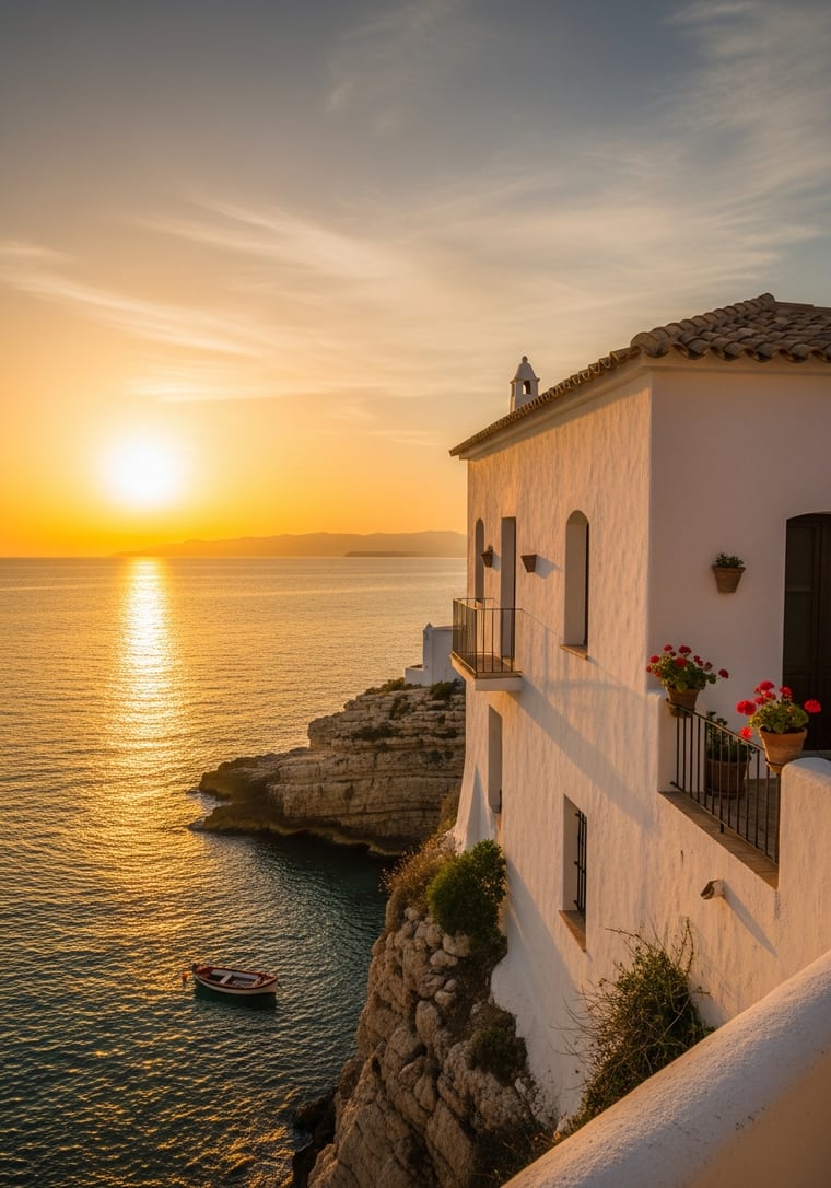 A cliff house above teal water on the Spanish coast