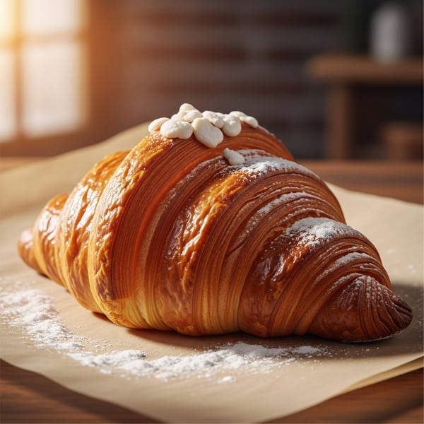 Golden laminated butter croissant, freshly baked