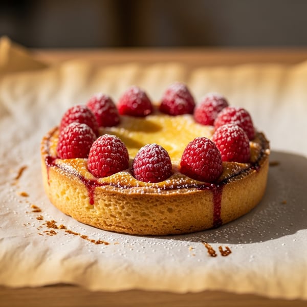 Raspberry frangipane tart topped with fresh raspberries and icing sugar