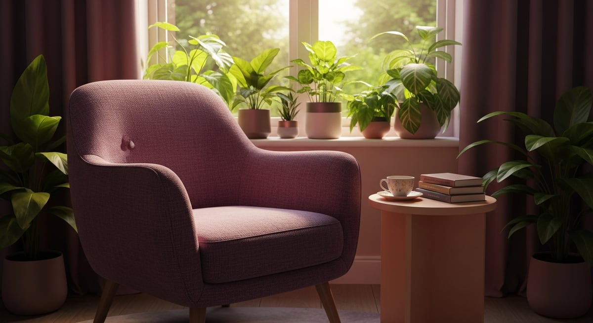 A warm, softly lit therapy consulting room with comfortable seating